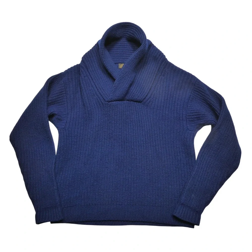 Vintage Eddie Bauer Sweater Mens Medium Blue Wool Shawl Collar Chunky Knit